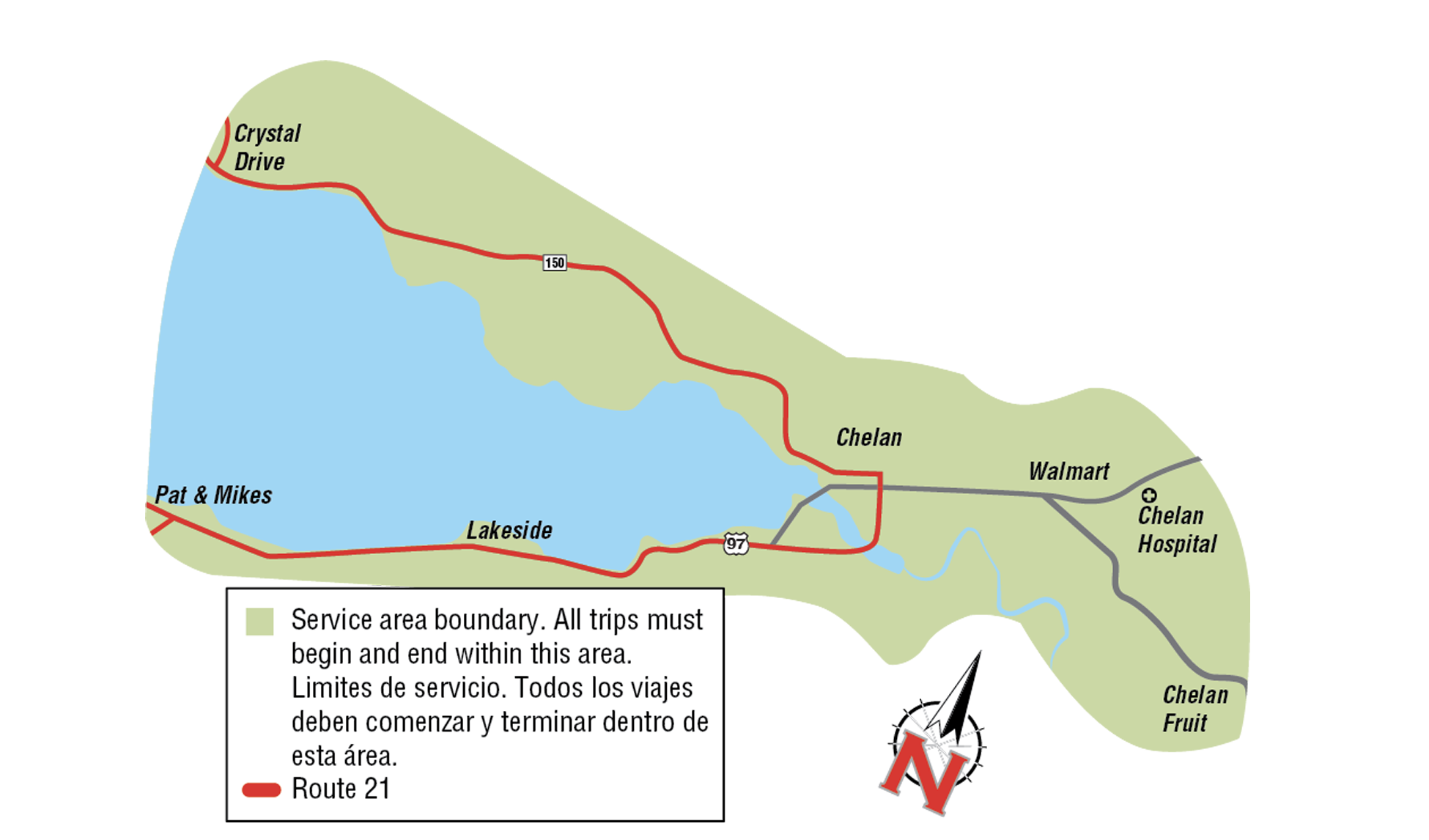 Route 21 chelan dark map along the 97 and 150 around the lake