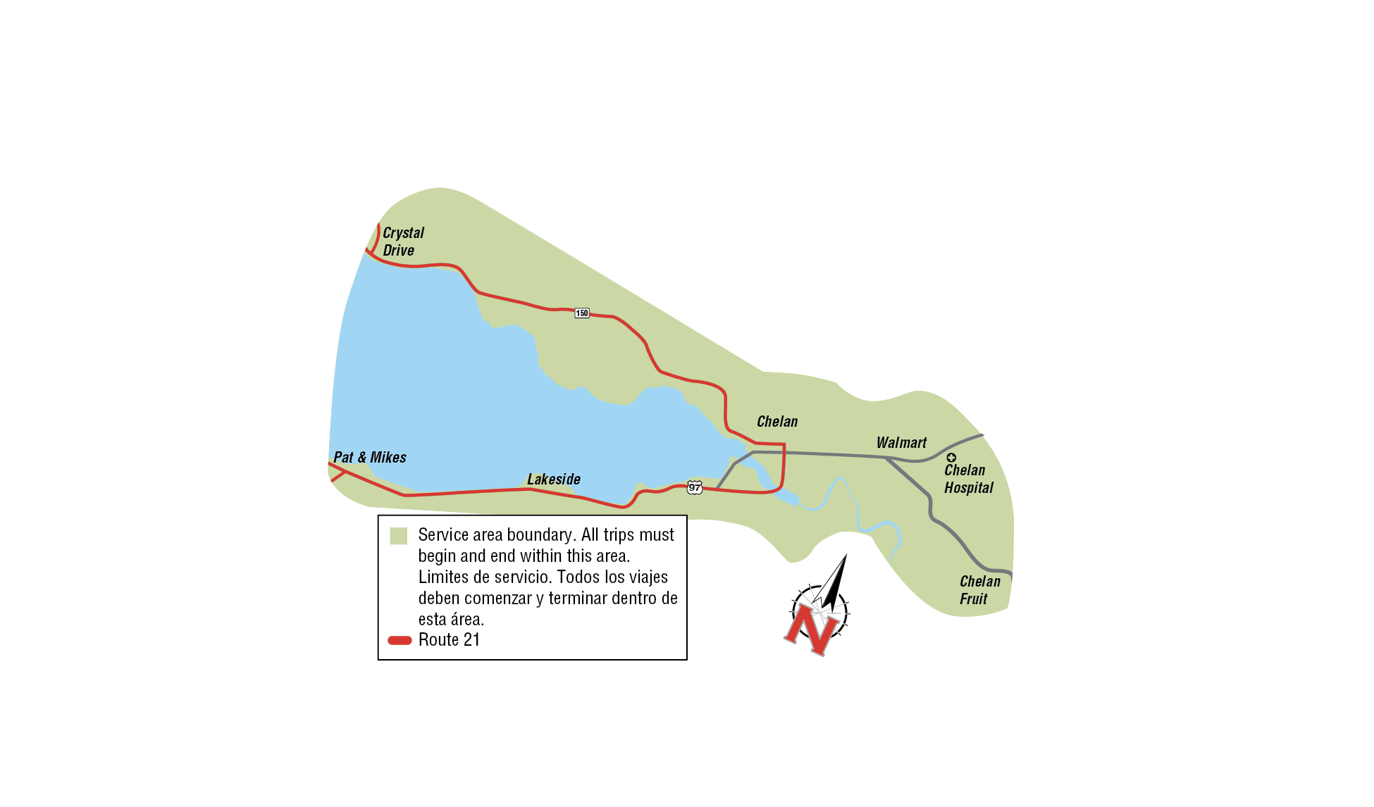 Route 21 chelan dark map along the 97 and 150 around the lake