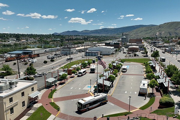 An aerial view of the bus station.