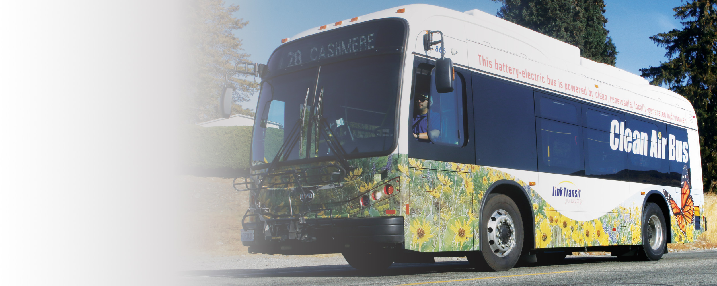 CLean Air bus this battery electric bus is powered by clean renewable locally generated hydropower