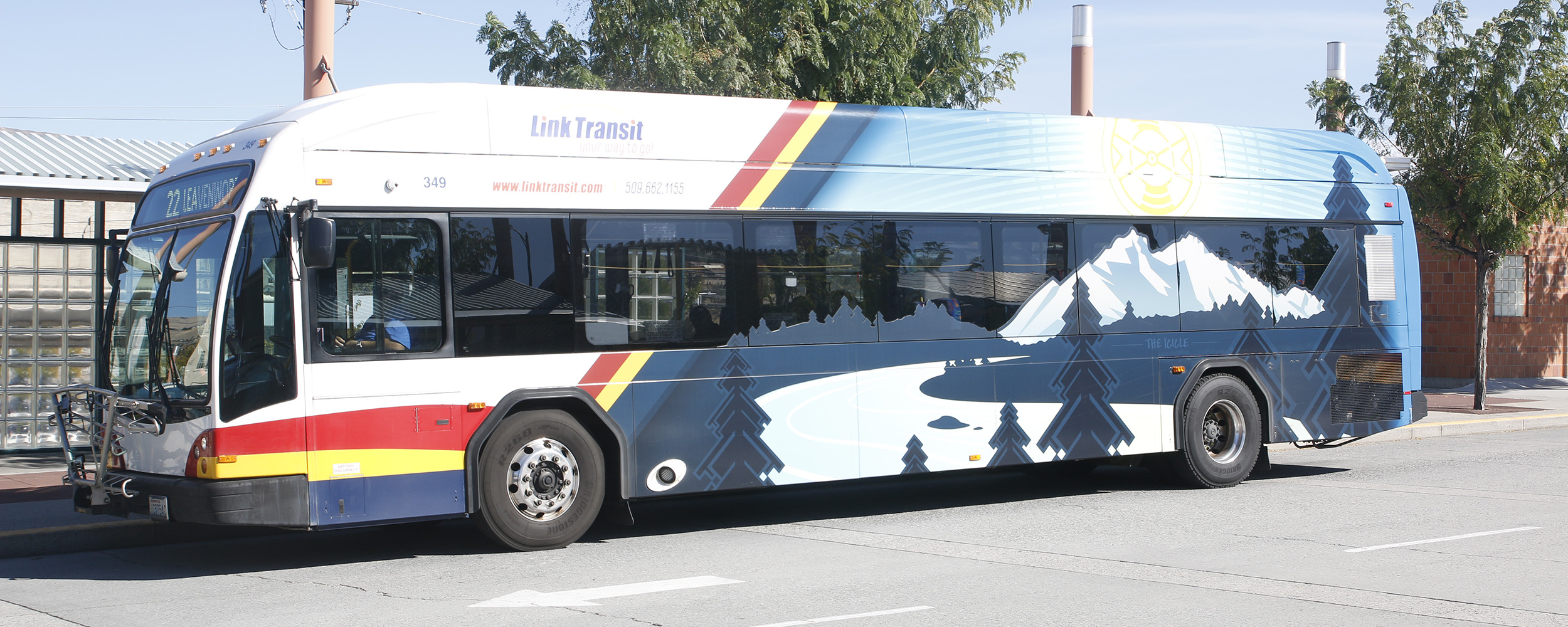 Link transit bus wrapped in winter art