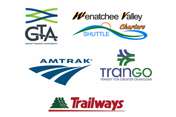 AmTrak Trailways trango trasit for greater Okanogan Wenatchee Valley charters shuttle GTA grant transit authority logos