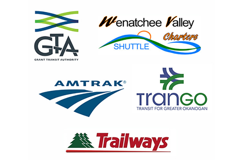 AmTrak Trailways trango trasit for greater Okanogan Wenatchee Valley charters shuttle GTA grant transit authority logos