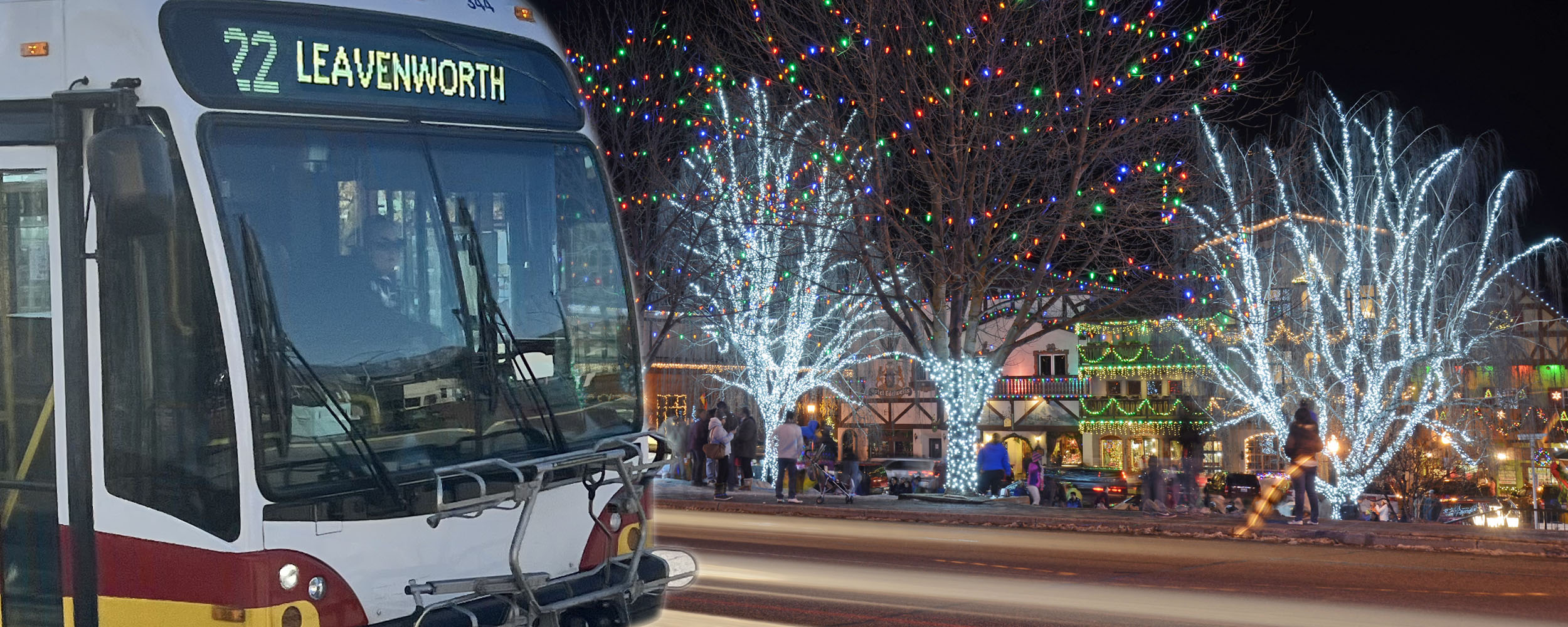 Bus in Leavenworth with Christmas lights