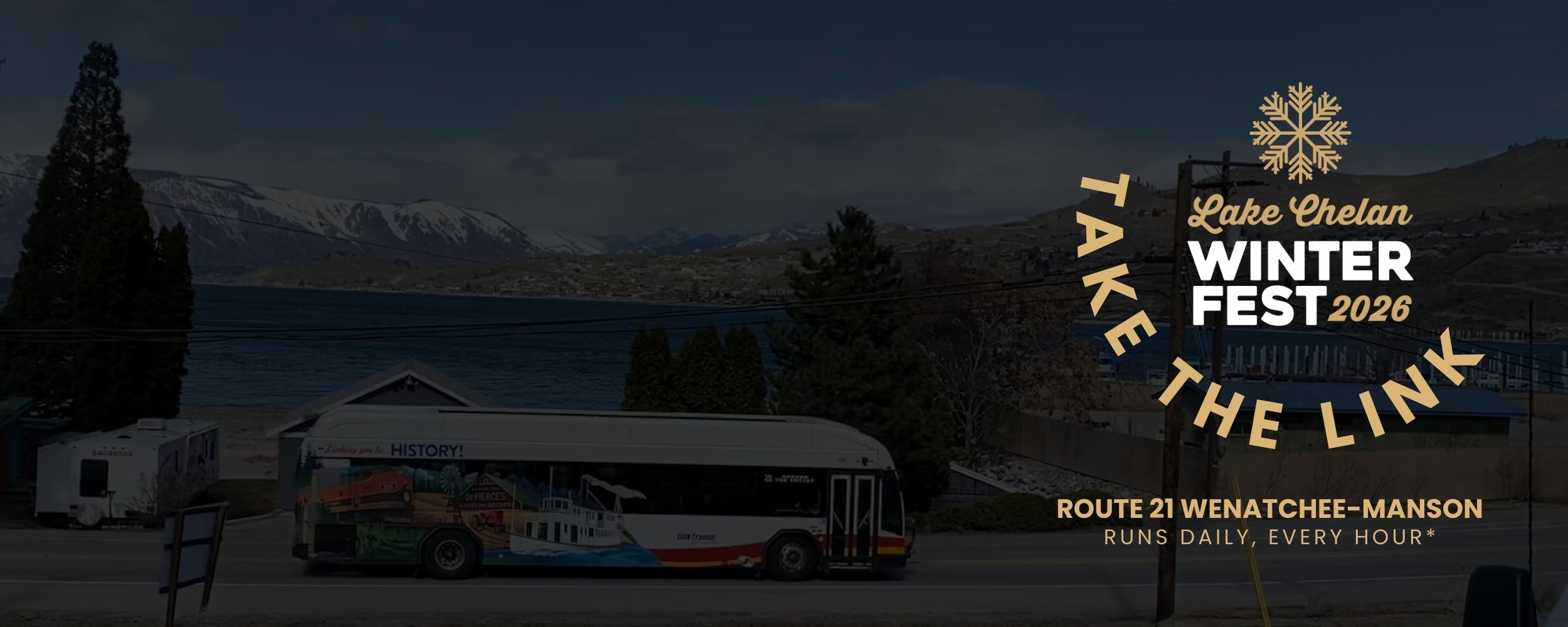web banner promoting taking route 21 to lake chelan winterfest