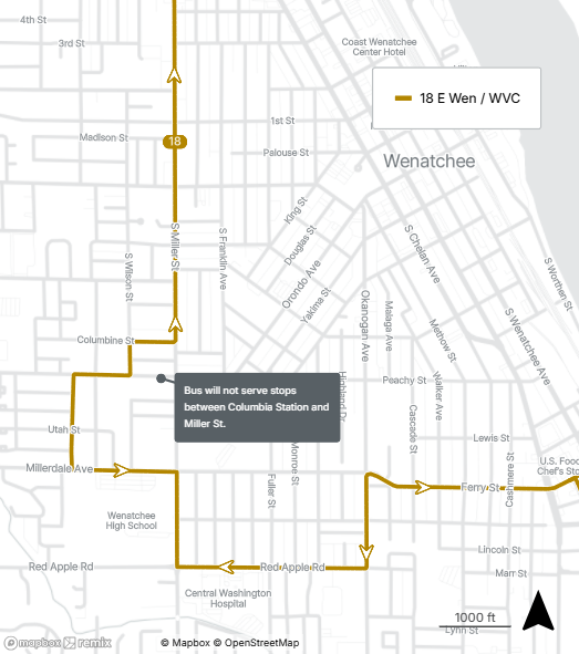 Route 18 will not serve stops between Columbia Station and Miller Street during the detour.