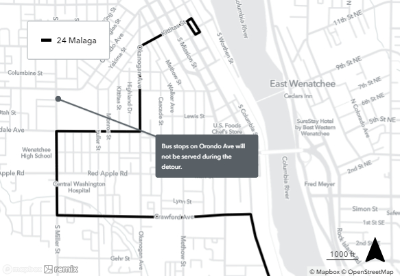 Route 24 will not serve stops on Orondo during the detour.
