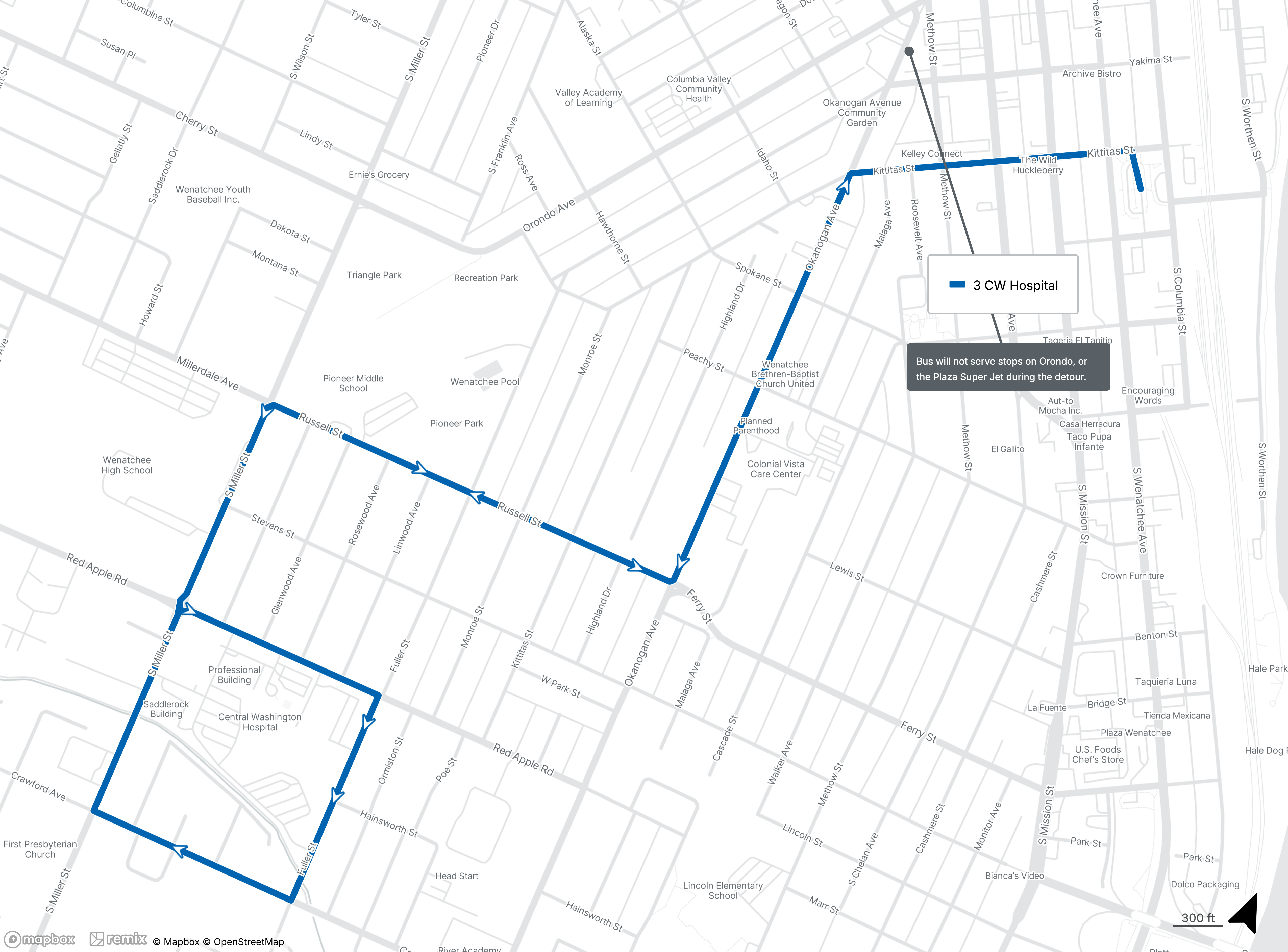 Route 3 detour map showing that the route will not serve stops on Orondo or at the Plaza Super Jet.