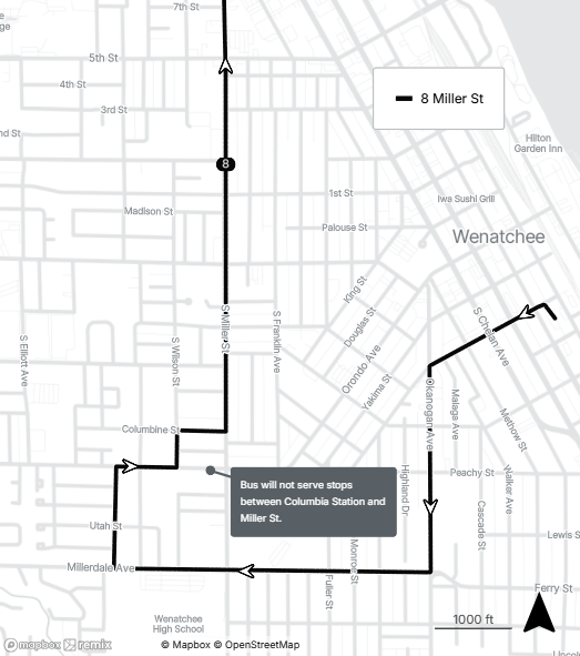 Route 8 will not serve stops between Columbia Station and Miller Street during the detour.