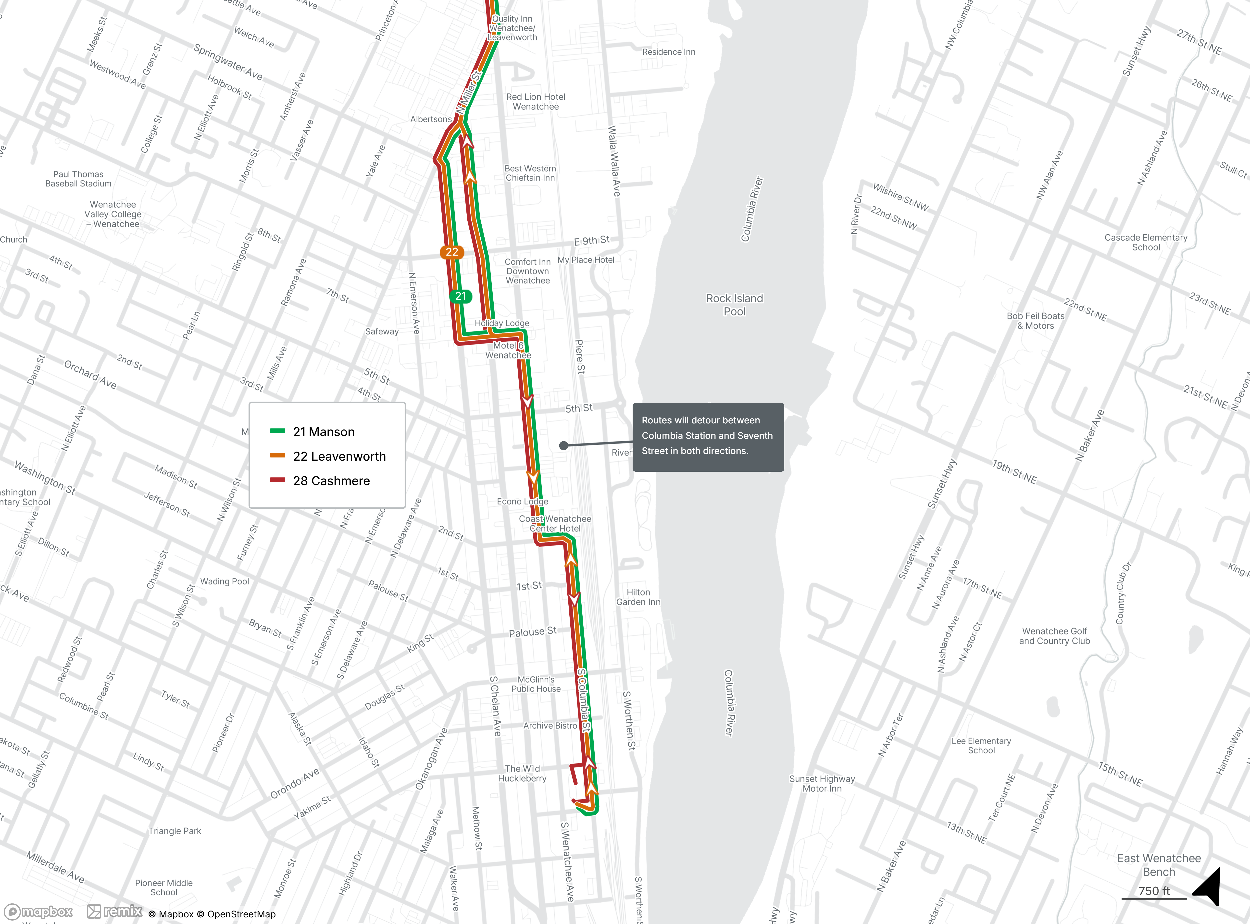 Routes 21, 22 & 28 will detour between Columbia Station and Seventh Street in both directions.