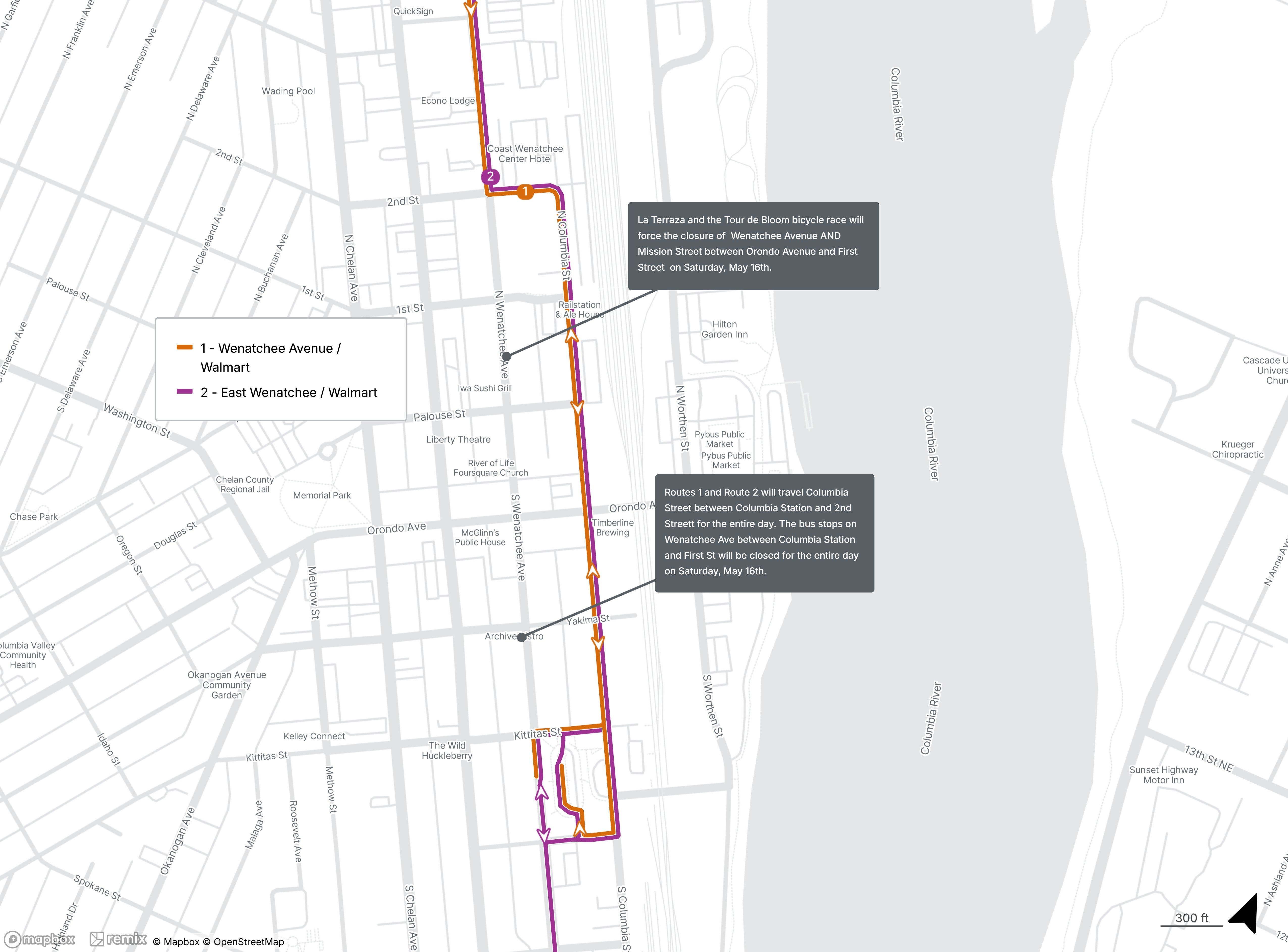 Routes will travel Columbia Street between Columbia Station and 2nd Street for the entire day. The bus stops on Wenatchee Ave between Columbia Station and First St will be closed for the entire day.