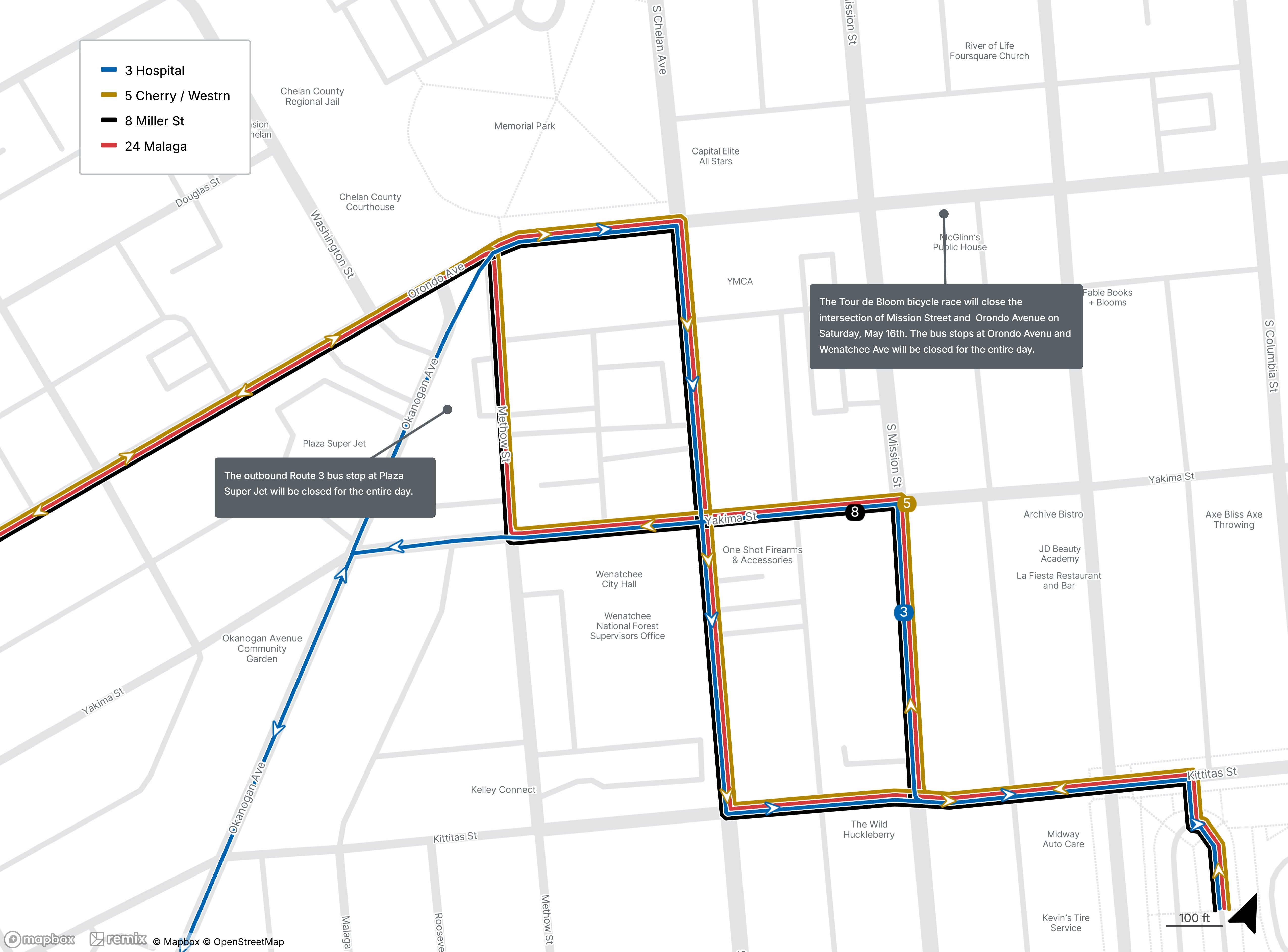 Bus stops at Orondo Avenue and Wenatchee Ave will be closed for the entire day. The Outbound Route 3 stop at Plaza Super Jet will be closed for the entire day. 